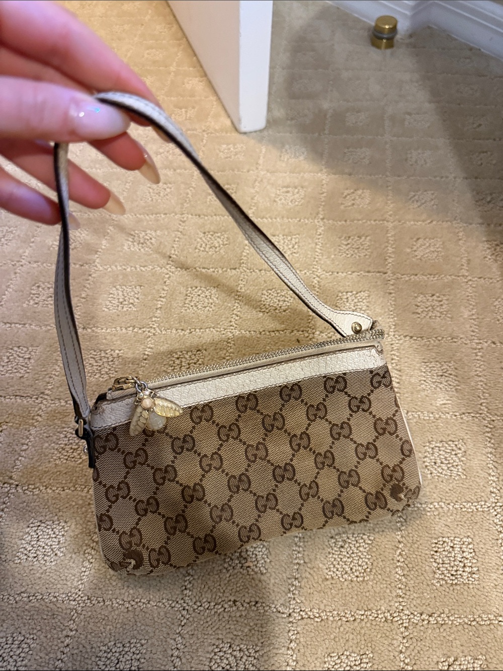Gucci Beige/Brown GG Canvas Wristlet with Gold Bee Charm